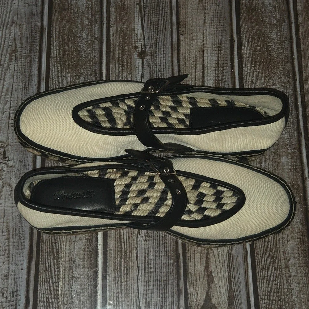 Sz 8.5 Madewell Cream Black Canvas Mary Jane Espadrille Platform Shoes VGUC